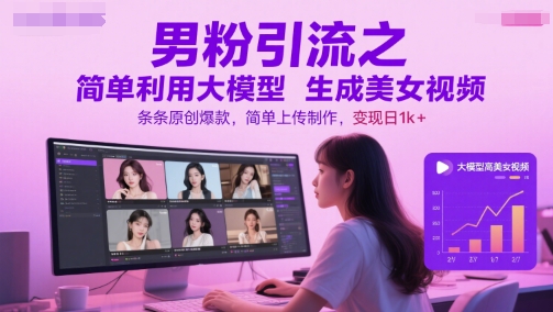 男粉引流之简单利用大模型生成美女视频，条条原创爆款，简单上传制作，变现日1k+-云创网