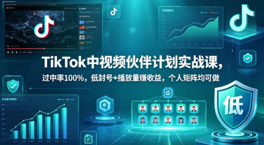 TikTok中视频伙伴计划实战课，过中率100%，低封号+播放量賺收益，个人矩阵均可做-云创网