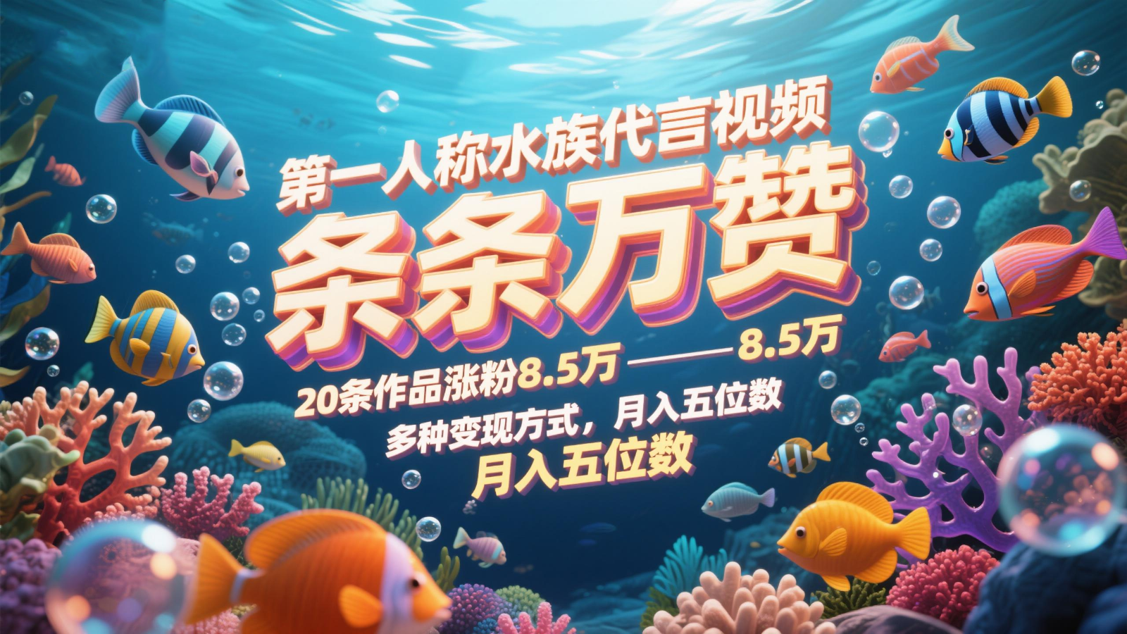 第一人称水族代言视频，条条万赞，20条作品涨粉8.5万，多种变现方式月，入五位数-云创网