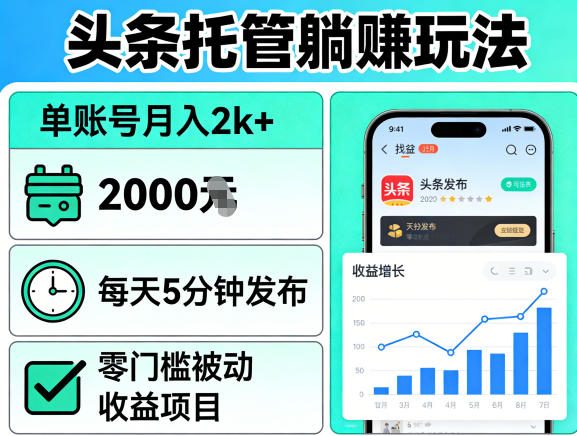 头条托管躺賺玩法，单账号月入2k+，每天5分钟发布即可，零门槛被动收益项目【揭秘】-云创网