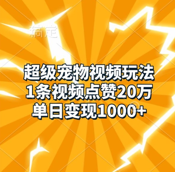 超级宠物视频玩法，1条视频点赞20万，单日变现1k-云创网